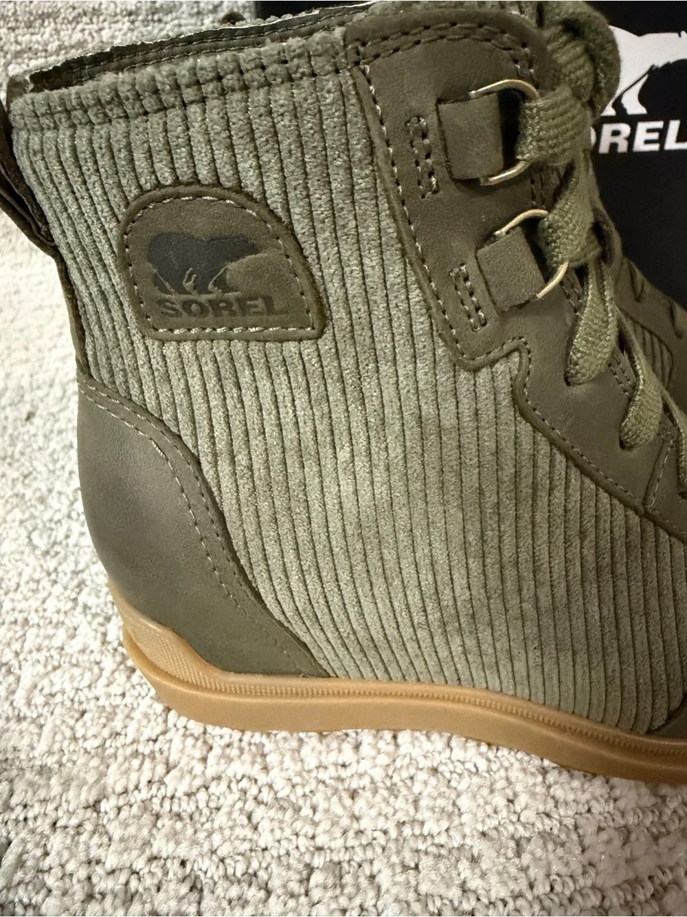 Sorel Women Size 5.5 Evie II NW Lace Stone Green Waterproof Wedge Booties Boots